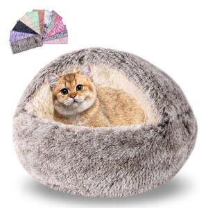 calming dog beds & cat cave bed with hooded cover,washable round beds for small medium pets,anti-slip faux fur fluffy coved bed,comfortable warming pet bed (24 * 24inch,khaki)