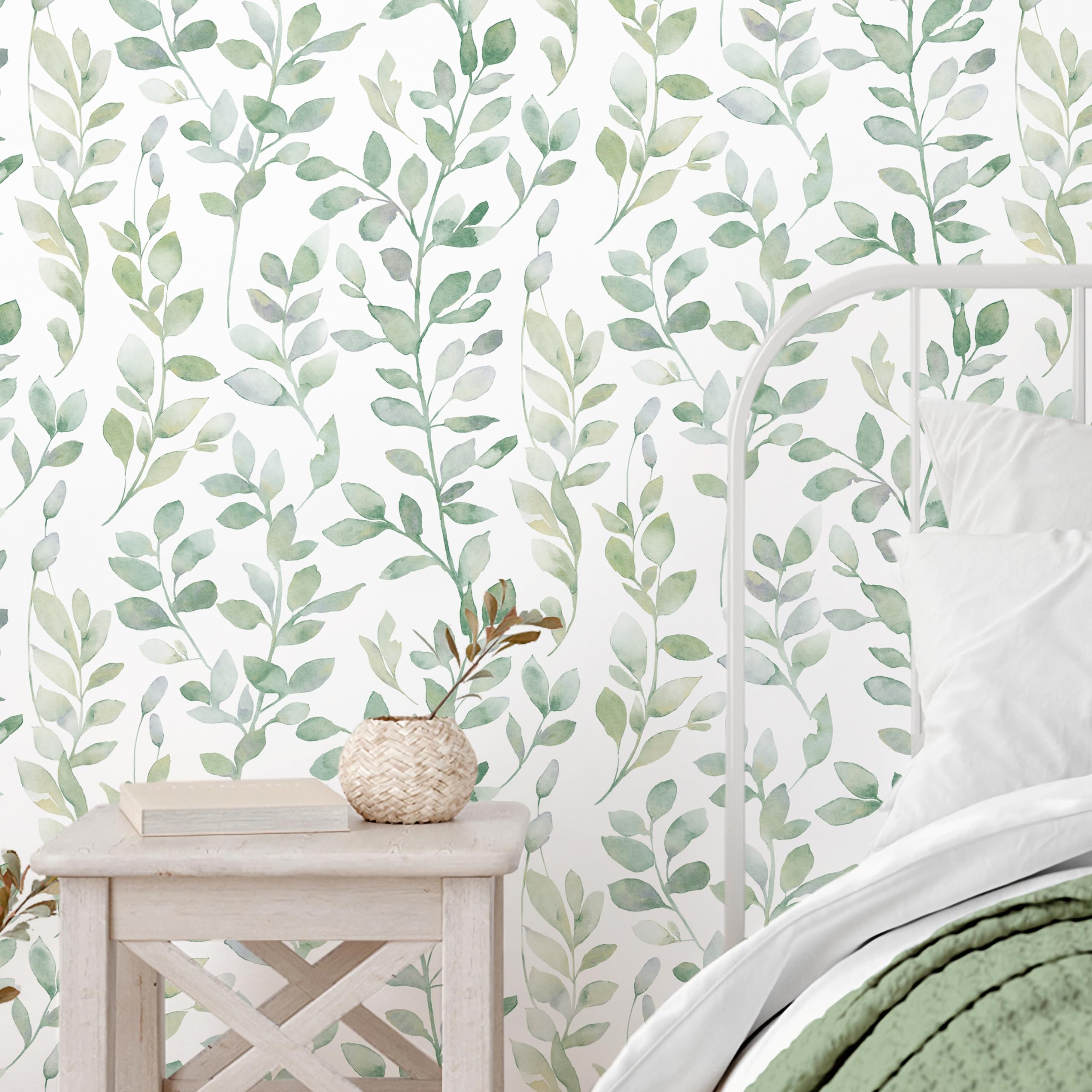 MelunMer Leaf Wallpaper Peel and Stick Wallpaper Boho Green Contact Paper for Cabinets Neutral Wallpaper for Bathroom Self-Adhesive Removable Wallpaper for Bedroom Decor Mural Waterproof 17.3"×78.7"