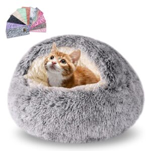 calming dog beds & cat cave bed with hooded cover,washable round beds for small medium pets,anti-slip faux fur fluffy coved bed,comfortable warming pet bed (20 * 20inch,grey)