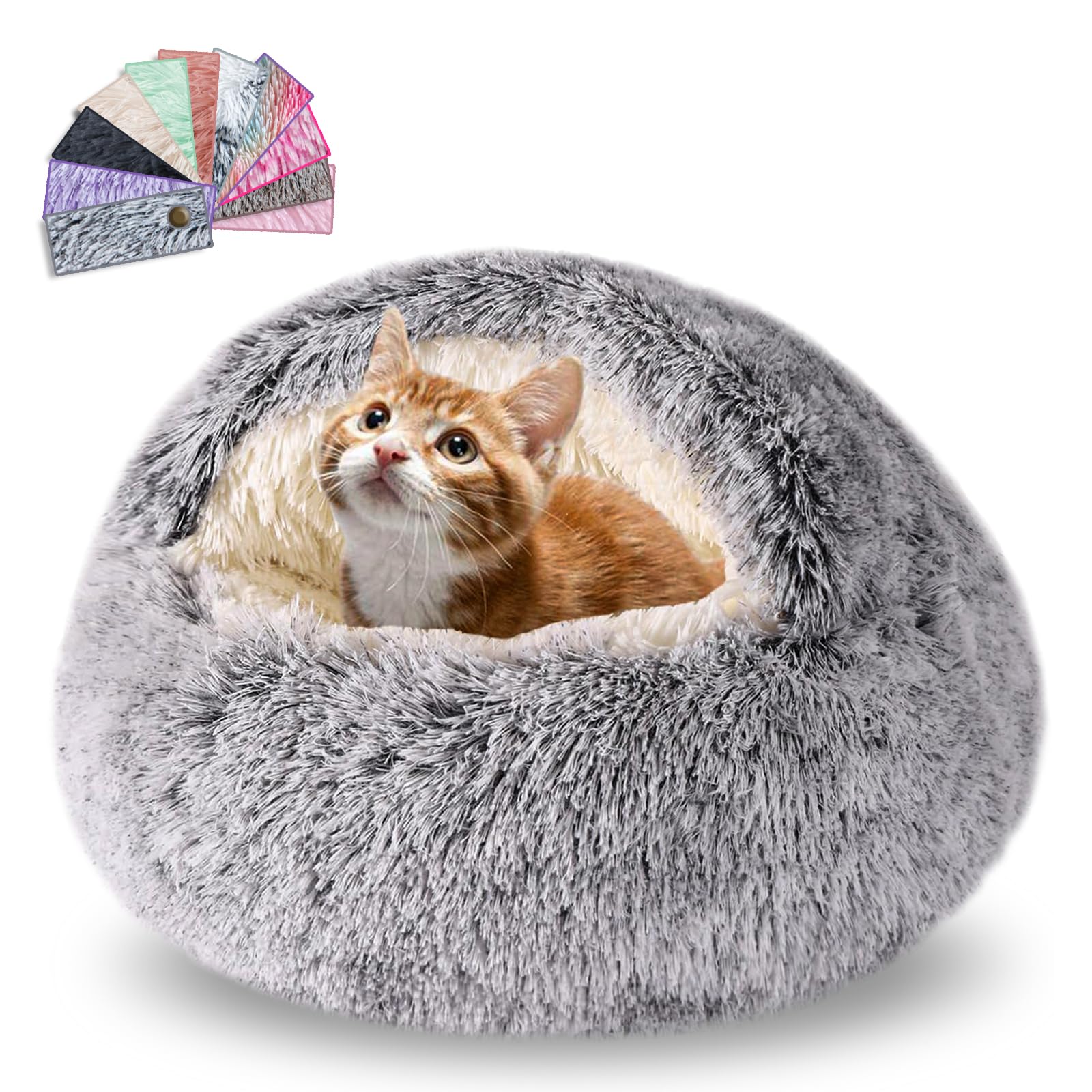 Calming Dog Beds & Cat Cave Bed with Hooded Cover,Washable Round Beds for Small Medium Pets,Anti-Slip Faux Fur Fluffy Coved Bed,Comfortable Warming Pet Bed (20 * 20inch,Grey)