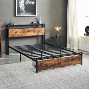 Eifizek Full Size Bed Frame with Charging Station, Platform Bed Frame with Storage Headboard and Drawers, Easy Assembly, No Box Spring Needed (Brown)