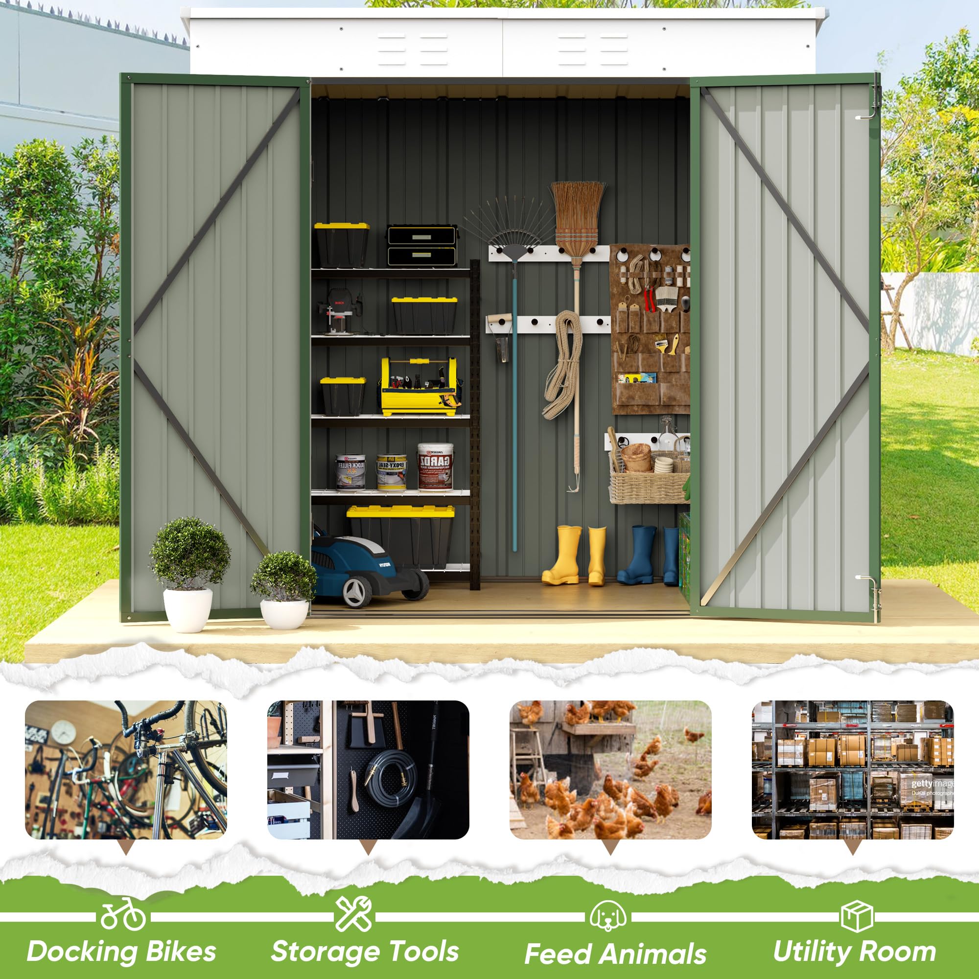 Greesum Outdoor Storage Shed 6x4FT All Weather Metal Garden Shed with Lockable Double Doors for Garden Tools, Toys and Sundries, Green