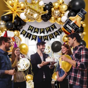 107pcs Black Gold Birthday Party Decorations with Happy Birthday Banner Foil Balloons for 16th 18th 21st 22th 32th 40th 50th 60th Birthday Decorations for Men