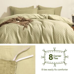 JELLYMONI Beigish Green Duvet Cover Queen Size - 3 Pieces Soft and Breathable Microfiber Knitted Jacquard Waffle Weave Striped Comforter Cover with 8 Corner Ties & Zipper Closure