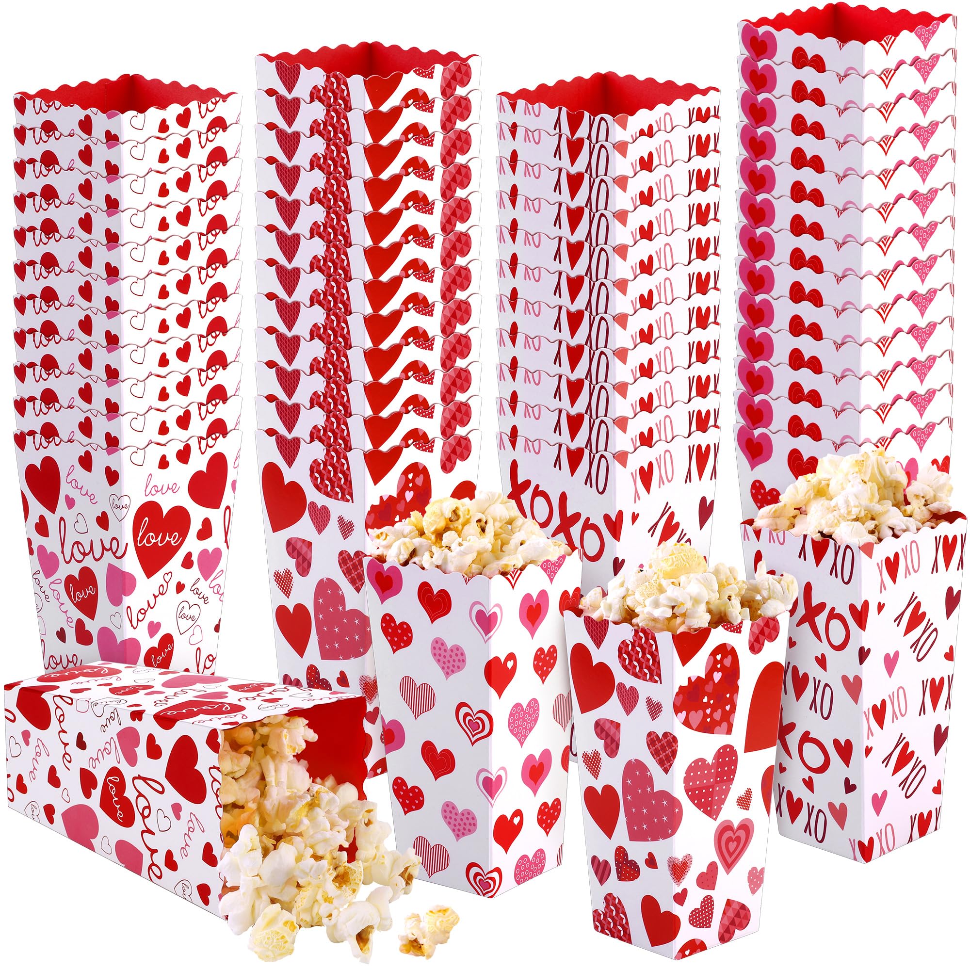 MIMIND 100 Pieces Valentine's Day Popcorn Boxes Love Heart Conversation Treat Candy Goodie Boxes Cardboard Popcorn Container for Valentine Wedding Birthday Party Supplies, 4 Designs