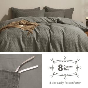 JELLYMONI Grey Duvet Cover Queen Size - 3 Pieces Soft and Breathable Microfiber Knitted Jacquard Waffle Weave Striped Comforter Cover with 8 Corner Ties & Zipper Closure