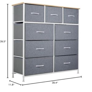 Panana Tall Dresser for Bedroom with 9 Drawers, Storage Dresser Organizer Unit, Fabric Dresser for Bedroom, Closet, Chest of Drawers with Fabric Bins, Steel Frame, Wood Top (Light Grey)