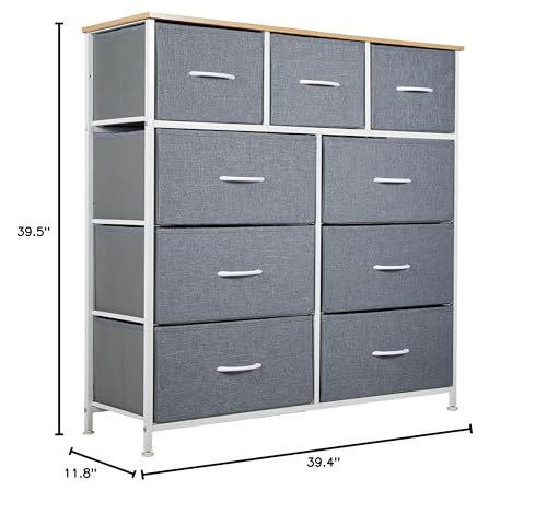 Panana Tall Dresser for Bedroom with 9 Drawers, Storage Dresser Organizer Unit, Fabric Dresser for Bedroom, Closet, Chest of Drawers with Fabric Bins, Steel Frame, Wood Top (Light Grey)