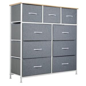 Panana Tall Dresser for Bedroom with 9 Drawers, Storage Dresser Organizer Unit, Fabric Dresser for Bedroom, Closet, Chest of Drawers with Fabric Bins, Steel Frame, Wood Top (Light Grey)