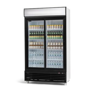 new procool refrigeration double sliding door upright display beverage cooler merchandiser; 35 cubic ft., 45" wide