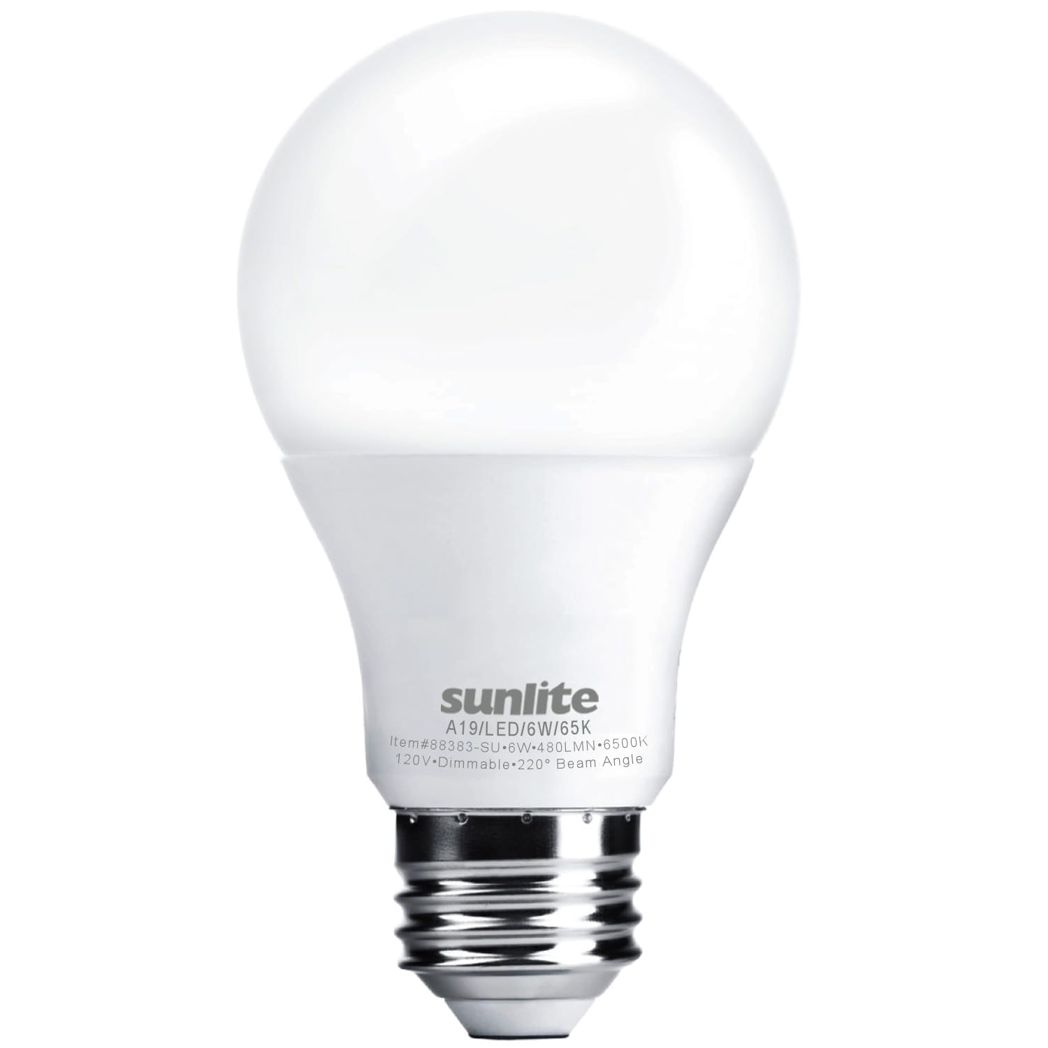 Sunlite LED A19 Light Bulb, 6 Watts (40 Watt Equivalent), 480 Lumens, 120 Volts, Dimmable, Medium E26 Base, Energy Star, UL Listed, RoHS, 6500K Daylight, 1 Pack