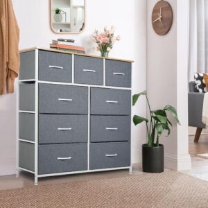 panana tall dresser for bedroom with 9 drawers, storage dresser organizer unit, fabric dresser for bedroom, closet, chest of drawers with fabric bins, steel frame, wood top (light grey)