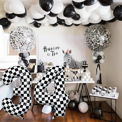 Checkered Number Balloon 1, Large Self Inflating Black and White Number 1 Balloon Decor, 40 Inch Helium Foil 1 Racing Balloons for Girls Boys 1st Birthday Fast Race Car Flag Party Decorations Supplies