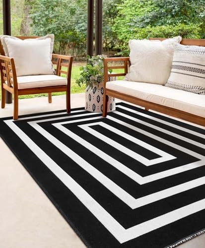 Lahome Black and White Outdoor Rug, Area Rug 6x9 Indoor Outdoor Patio Rug Washable Woven Cotton Rug for Living Room, Large Farmhouse Geometric Outdoor Rug 6x9 Floor Carpet for Dining Backyard