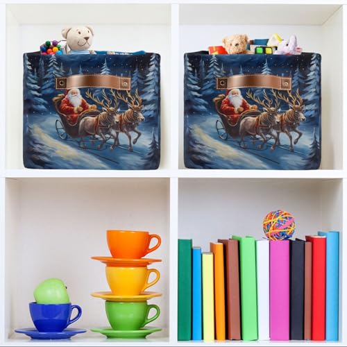 ALAZA Pine Tree Santa Claus Oil Painting Foldable Storage Box Storage Basket Organizer Bins with Handles for Shelf Closet Living Room Bedroom Home Office 1 Pack