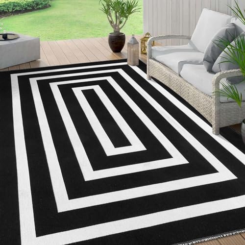 Lahome Black and White Outdoor Rug, Area Rug 6x9 Indoor Outdoor Patio Rug Washable Woven Cotton Rug for Living Room, Large Farmhouse Geometric Outdoor Rug 6x9 Floor Carpet for Dining Backyard