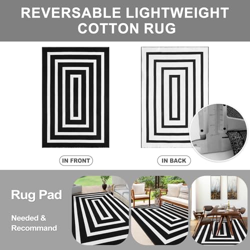 Lahome Black and White Outdoor Rug, Area Rug 6x9 Indoor Outdoor Patio Rug Washable Woven Cotton Rug for Living Room, Large Farmhouse Geometric Outdoor Rug 6x9 Floor Carpet for Dining Backyard