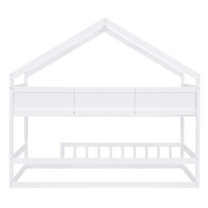 Harper & Bright Designs Twin Size House Bed with Storage Shelf, Montessori Floor Bed with Fence and Roof, Wooden Twin Bed Frame for Kids, White