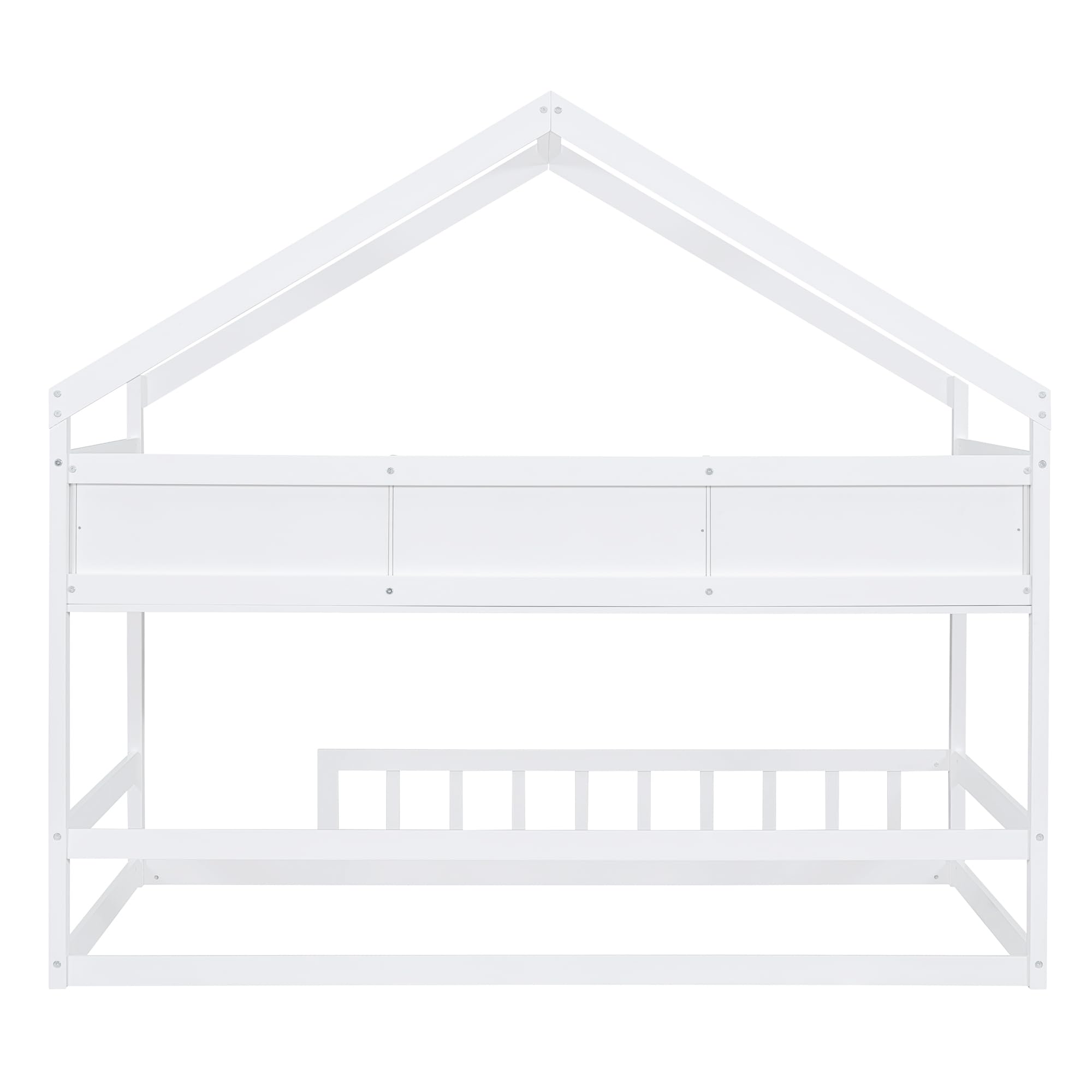 Harper & Bright Designs Twin Size House Bed with Storage Shelf, Montessori Floor Bed with Fence and Roof, Wooden Twin Bed Frame for Kids, White