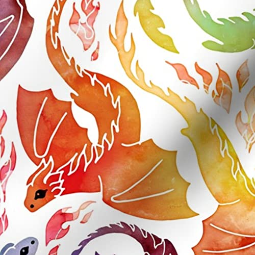 Spoonflower Fabric - Dragon Fire Rainbow Cute Fantasy Watercolor Fairy Tale Flying Printed on Polartec(R) Fleece Fabric Fat Quarter - Sewing Blankets Loungewear and No-Sew Projects