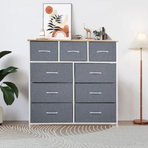 Panana Tall Dresser for Bedroom with 9 Drawers, Storage Dresser Organizer Unit, Fabric Dresser for Bedroom, Closet, Chest of Drawers with Fabric Bins, Steel Frame, Wood Top (Light Grey)