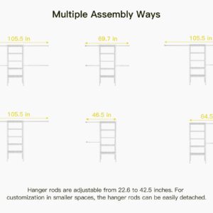 Ulif M2 Closet Organizer System, 5.9 Feet Height Mounted to the Wall Garment Rack with 4 Expandable Hanger Rods, 5 Shelves in 23.6" L x 14.5" W, Suit Total Space from 5.8-8.8 ft, White