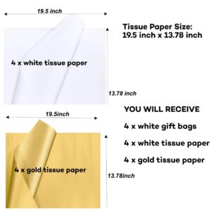 JUNESHE Small Gift Bags with Handles & Tissue Paper,4 Pack Mini White Gift Bags, Extra Small White Paper Bags, Tiny Gift Wrap for Birthday Party Favors, Baby Shower