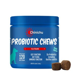 chinichu probiotics for dogs - digestive enzymes for gut flora, digestive health, diarrhea & bowel support - dog supplement soft chew for pet immune system - clinically studied de111 - duck flavor