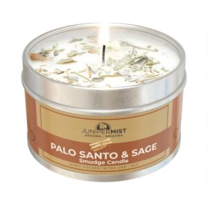 junipermist palo santo & white sage smudge candle - pure soy candle for cleansing house negative energy, sedona based spiritual aromatherapy