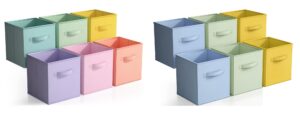 sorbus 11 inch cube storage bins bundle - set of 6 pastel rainbow bins & set of 6 blue, green, and yellow bins (12 storage bins total)