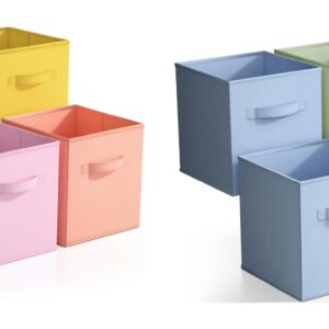 Sorbus 11 Inch Cube Storage Bins Bundle - Set of 6 Pastel Rainbow Bins & Set of 6 Blue, Green, and Yellow Bins (12 Storage Bins Total)