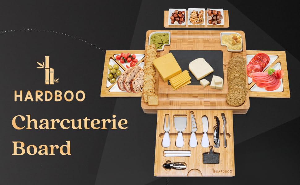 Bamboo Charcuterie Board Set of 26 Pcs - 16×13×2 Inches 4 Drawer Bamboo Board Set with Fruit Tray, Ceramic Dipping Bowls, Cutting Tools, Wine Opener, Cheese Platter Accessories (End-Grain)