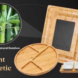 Bamboo Charcuterie Board Set of 26 Pcs - 16×13×2 Inches 4 Drawer Bamboo Board Set with Fruit Tray, Ceramic Dipping Bowls, Cutting Tools, Wine Opener, Cheese Platter Accessories (End-Grain)