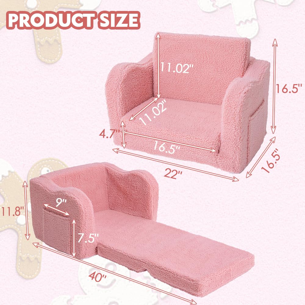 Furnishh Kids Sofa Couch Fold Out, Baby Toddler Comfy Soft Chair for Boys Girls, Flip Out Foldable Children 2 in 1 Convertible Sofa to Lounger, Folding Child Sleeper for Playroom, Pink