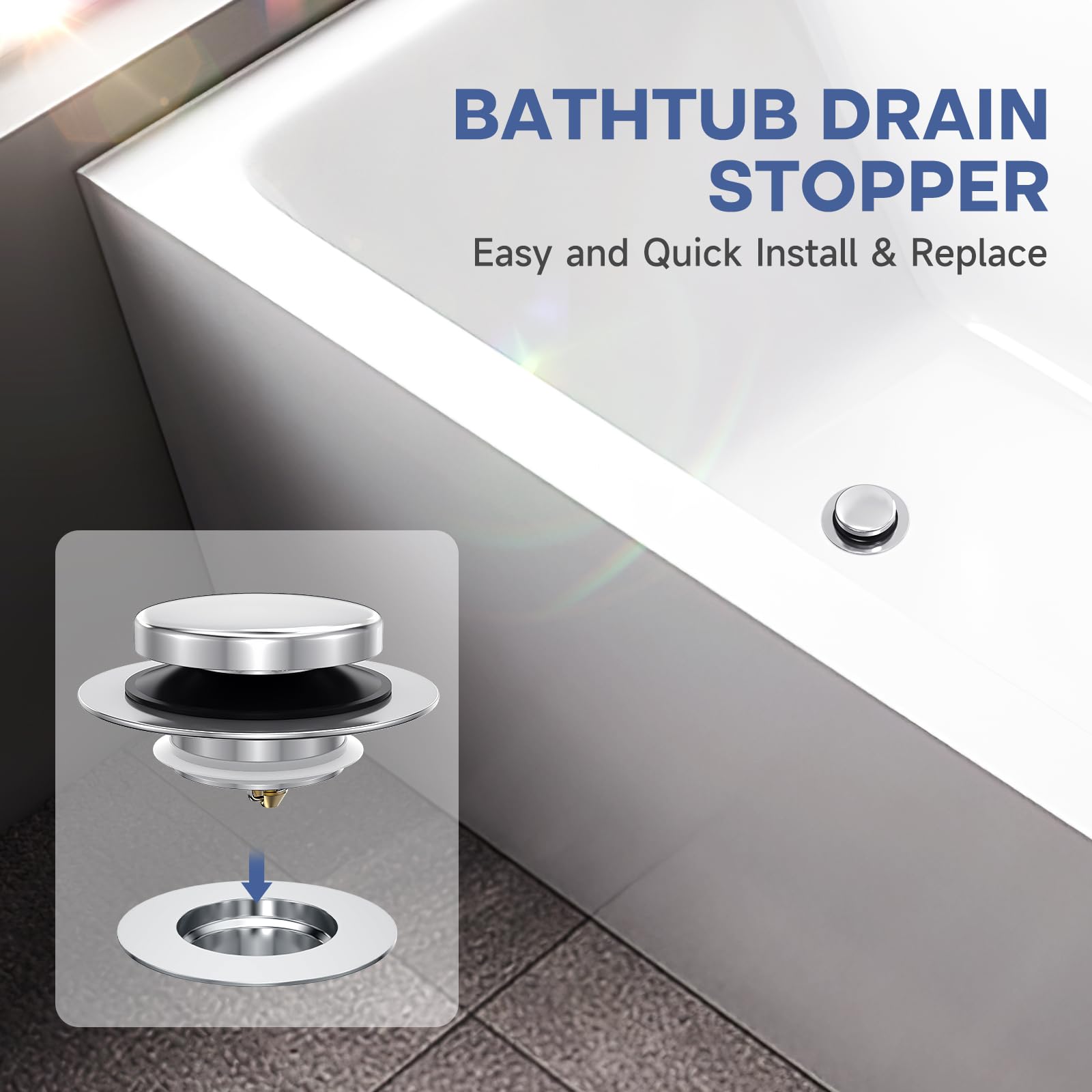 Chrome Plated Universal Tip Toe Tub Stopper and Water Stopper, Pop Up Bathtub Drains Plug, Bathroom Bath Tub Drain Stoppers, Replaces Lift and Turn, Tip-Toe and Trip Lever drains for Tub, EZ Install