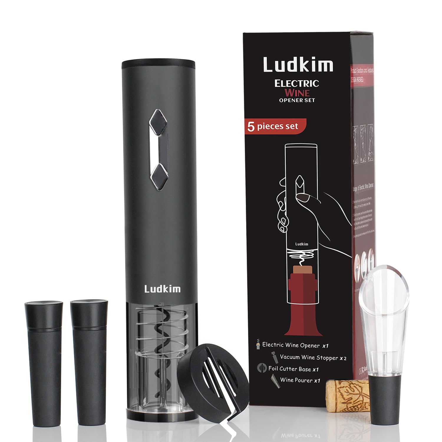 Ludkim Electric Wine Opener Set, Automatic Wine Bottle Openers with Foil Cutter, Battery Operated Wine Corkscrew with Wine Aerator Pourer and 2 Vacuum Wine Stoppers