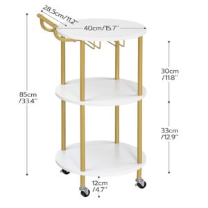 HOOBRO Bar Cart Gold, Home Bar Serving Cart, Rolling Beverage Cart with Wine Rack and Glass Holder, 3-Tier Wine Cart for Kitchen, Dining Room, Living Room, Parties, Gold and White WD31TC01