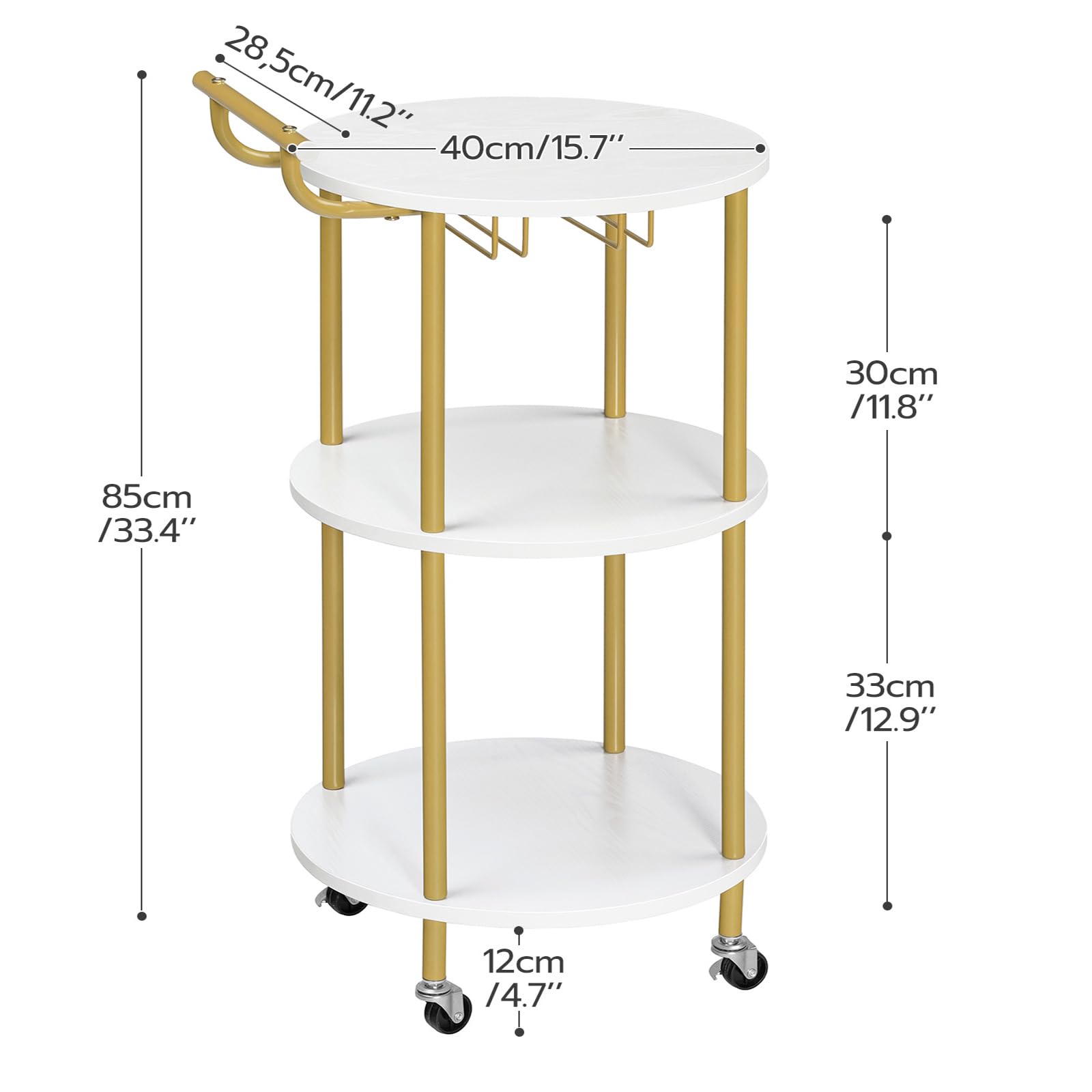 HOOBRO Bar Cart Gold, Home Bar Serving Cart, Rolling Beverage Cart with Wine Rack and Glass Holder, 3-Tier Wine Cart for Kitchen, Dining Room, Living Room, Parties, Gold and White WD31TC01