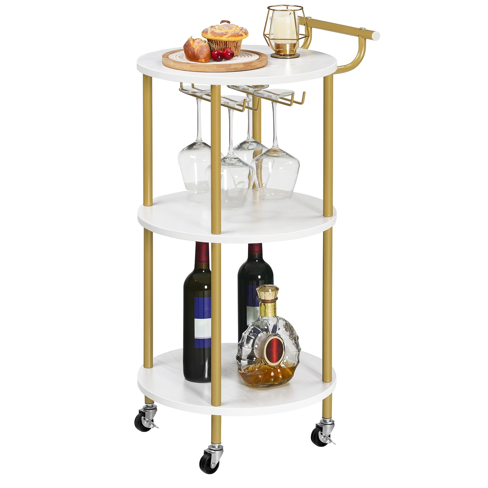 HOOBRO Bar Cart Gold, Home Bar Serving Cart, Rolling Beverage Cart with Wine Rack and Glass Holder, 3-Tier Wine Cart for Kitchen, Dining Room, Living Room, Parties, Gold and White WD31TC01