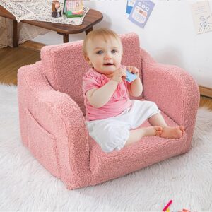 Furnishh Kids Sofa Couch Fold Out, Baby Toddler Comfy Soft Chair for Boys Girls, Flip Out Foldable Children 2 in 1 Convertible Sofa to Lounger, Folding Child Sleeper for Playroom, Pink