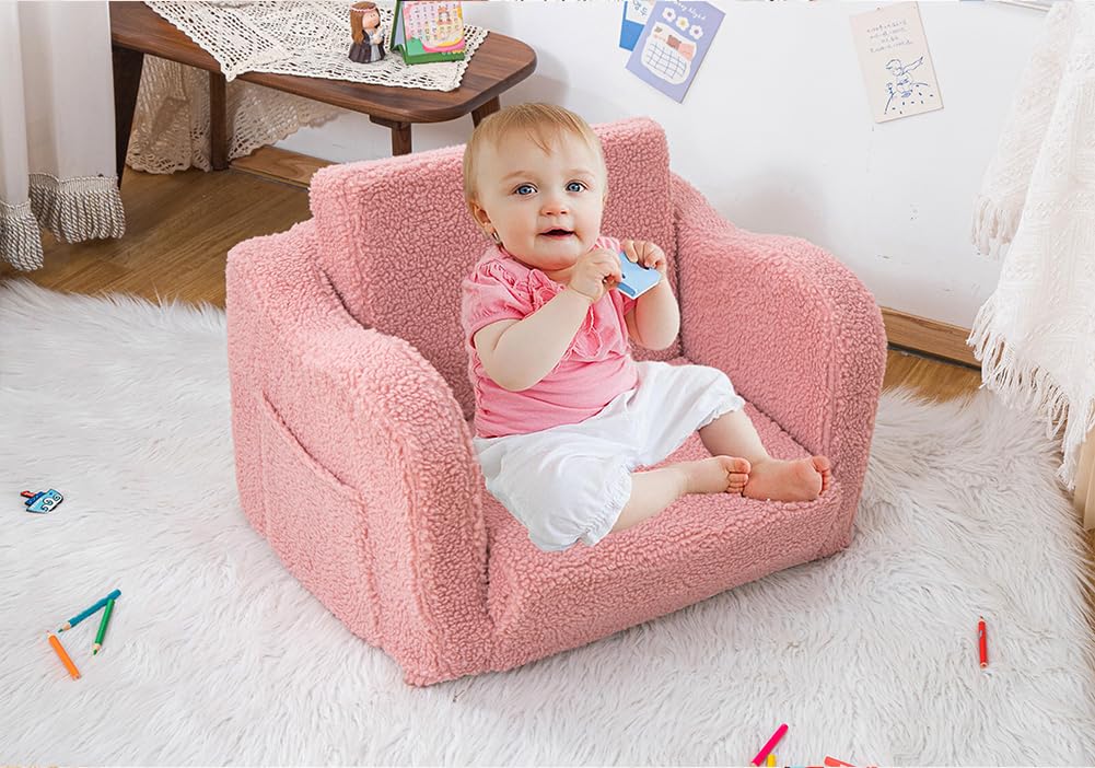 Furnishh Kids Sofa Couch Fold Out, Baby Toddler Comfy Soft Chair for Boys Girls, Flip Out Foldable Children 2 in 1 Convertible Sofa to Lounger, Folding Child Sleeper for Playroom, Pink