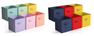 sorbus 11 inch cube storage bins bundle - set of 6 pastel rainbow bins & set of 6 navy, red, and yellow bins (12 storage bins total)