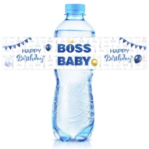 ambishi 32 pcs boss boy water bottle labels, boys 1st birthday party decoration stickers, baby shower/gender reveal party favors water bottle decor sign