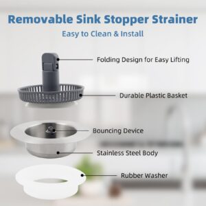 Upgraded Stainless Steel Kitchen Sink Drain Stopper Strainer, 3-in-1 Pop Up Sink Stopper, Clog-Free Mesh Sink Drain Strainer, Food Catcher for Standard 3-1/2 Inch Kitchen Sinks, Chrome