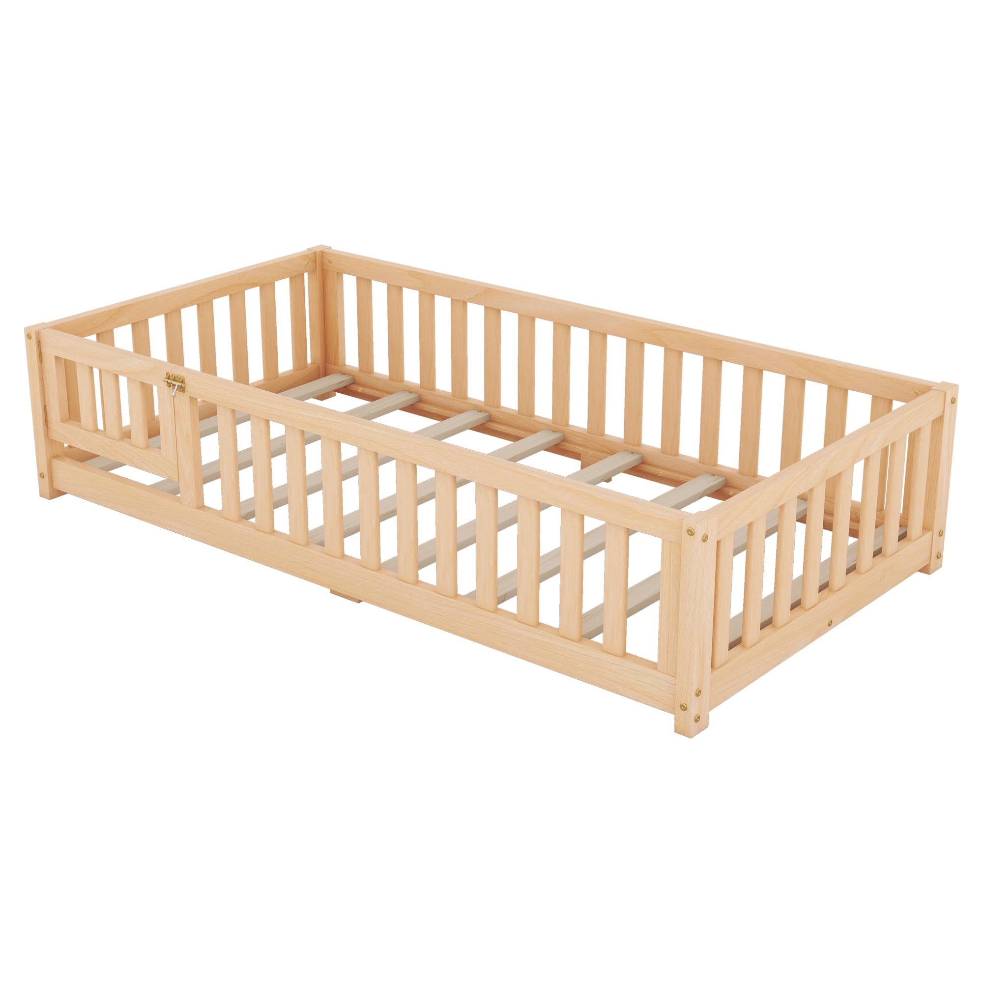 Harper & Bright Designs Twin Size Floor Bed Frame, Wooden Twin Montessori Floor Bed with Rails, Door and Support Slats, Kids Twin Size Bed Frame for Boys & Girls, Natural