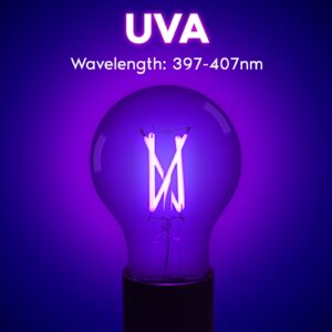 LUXRITE A19 Edison UV LED Black Light Bulb, 6W Filament Blacklight Bulb, UVA 397-407nm, Enclosed Fixture Rated, E26 Base, Glow in The Dark for Halloween, Party, Body Paint, Fluorescent Poster