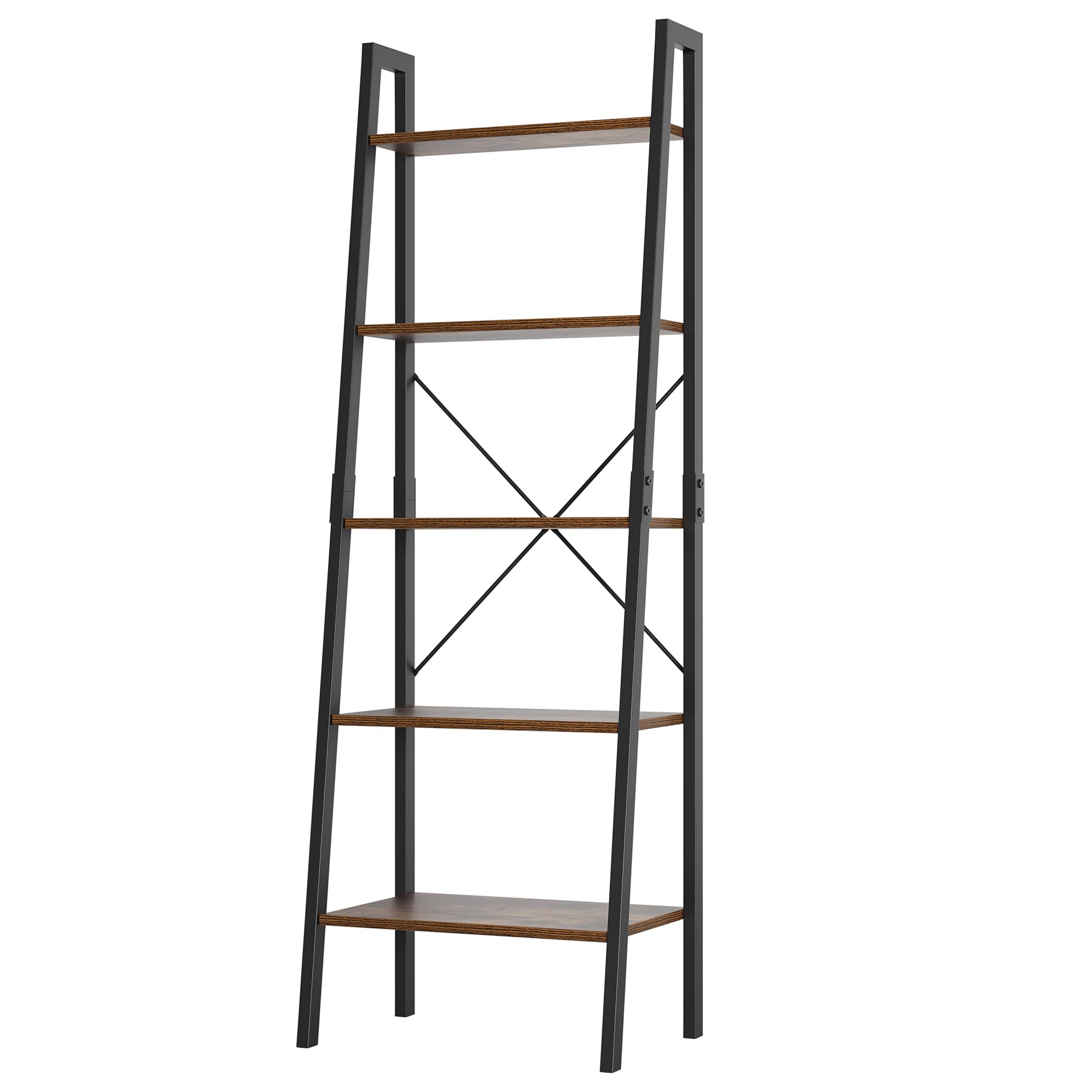 FINETONES 5-Tier Ladder Shelf, Ladder Bookshelf Bookcase with Metal Frame, Plant Rack Display Shelf Accent Furniture for Home Office, Black/Rustic Brown