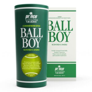 vacation ball boy tennis home scented candle by prince x sunscreen, premium soy blend wax, 65-hour long burning, luxury gift set, aromatherapy candle, gifts for men & women, 8oz