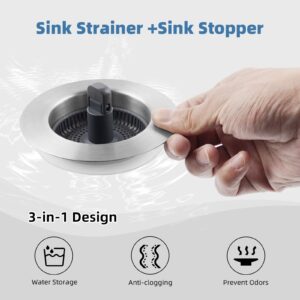 Upgraded Stainless Steel Kitchen Sink Drain Stopper Strainer, 3-in-1 Pop Up Sink Stopper, Clog-Free Mesh Sink Drain Strainer, Food Catcher for Standard 3-1/2 Inch Kitchen Sinks, Chrome