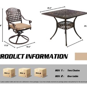 USSerenaY 5-Piece Outdoor Dining Set Cast Aluminum Patio Furniture Set All-Weather 4 Chairs and Dining Table with Umbrella Hole for Garden, Backyard (Braided+Khaki Cushion, Square Table)